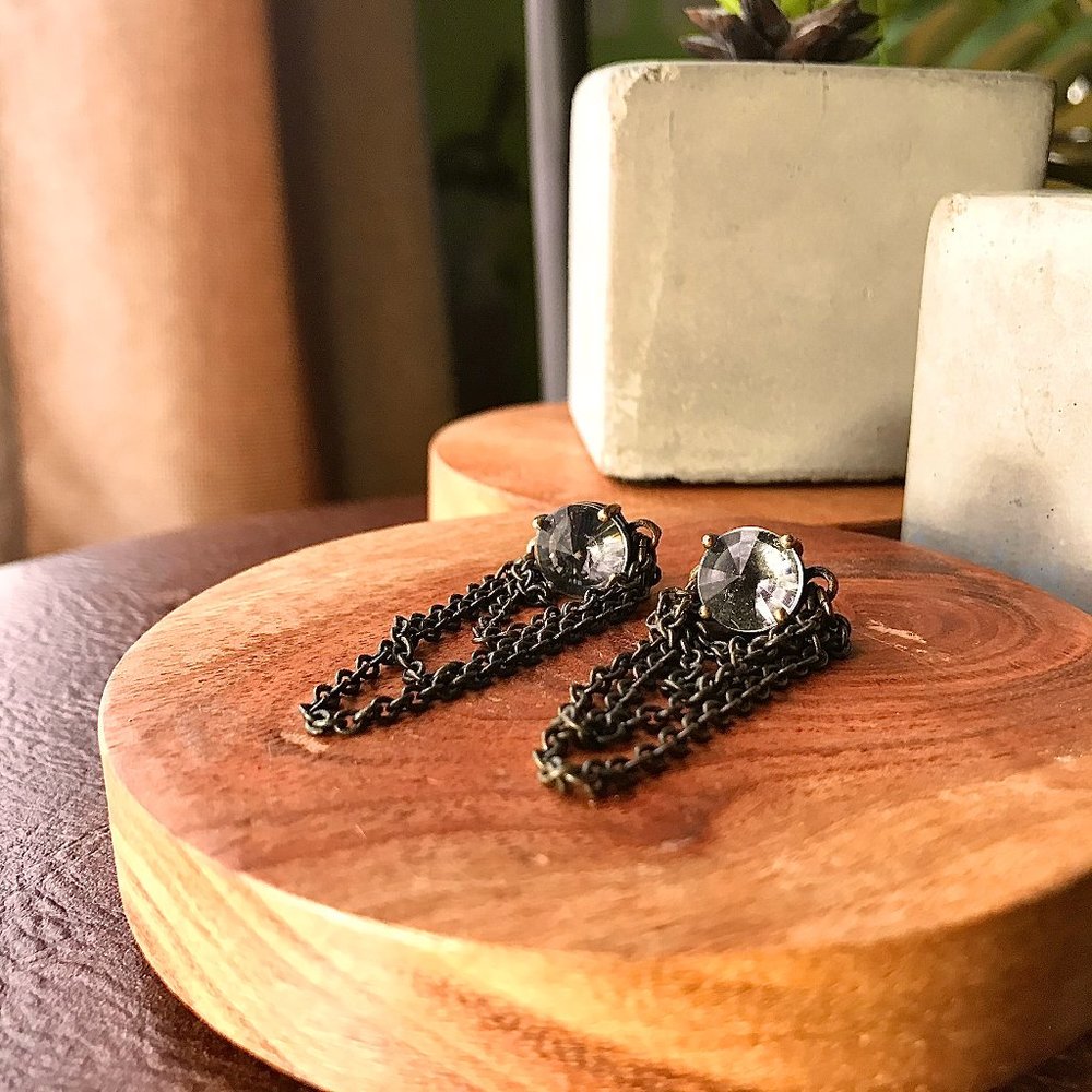 -Unique Dimmed Black Crystal Chained Stud Earrings